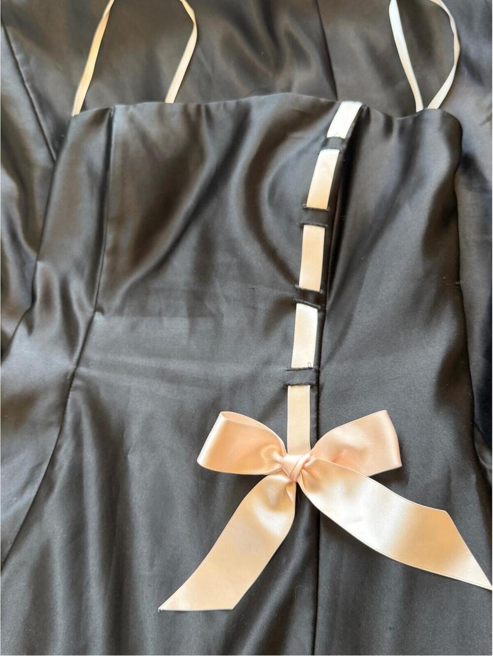 VTG Gunne Sax/Jessica McClintock Black Satin Formal Prom Dress Pink Ribbon Bows - Picture 4 of 7